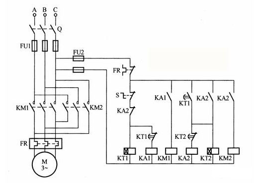 电动机正反转纠偏(时间继电器)控制电路接线图